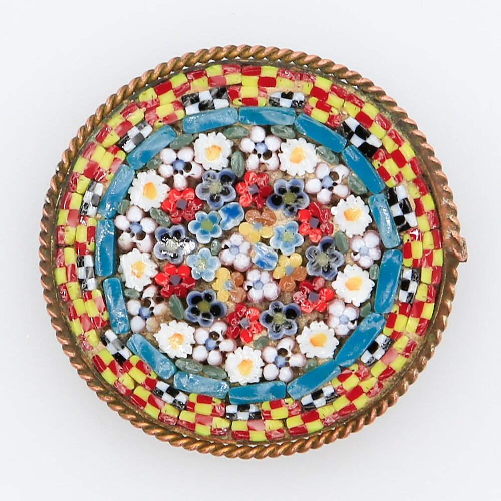 Antique Early Art Deco Italian Tiny Micromosaic Detail Floral Glass Brooch 1920s